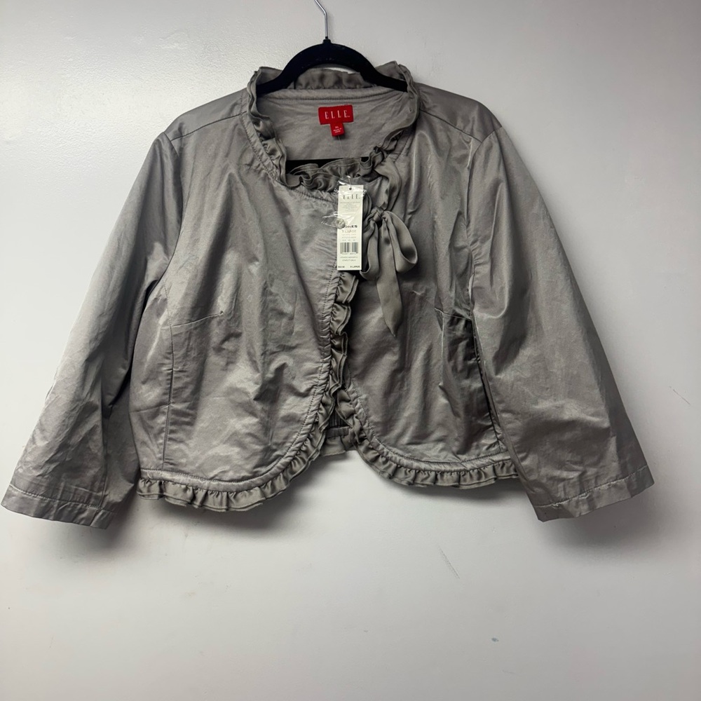 ELLE Cropped Ruffle Jacket Tie Front Opal Gray Lined XL NWT Special occasion E